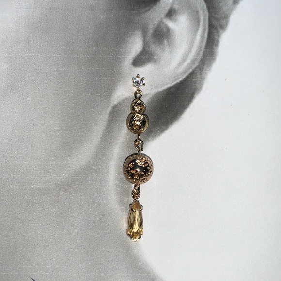 Sheer Yellow Teardrop Faceted Drop Dangle w Gold Semi Precious Lava Bead on CZ - Picture 6 of 16